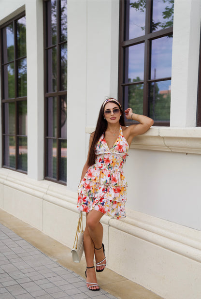 Floral Ruffle Dress White