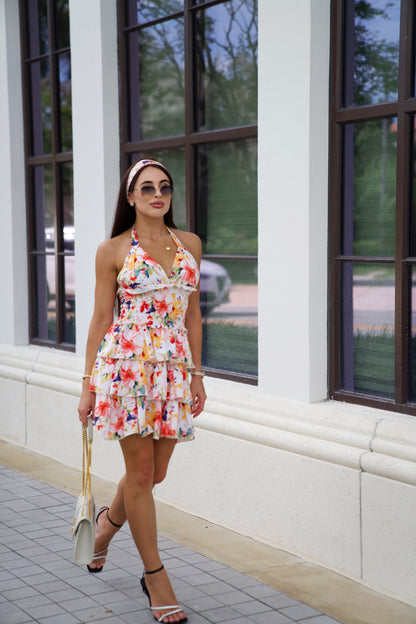 Floral Ruffle Dress White